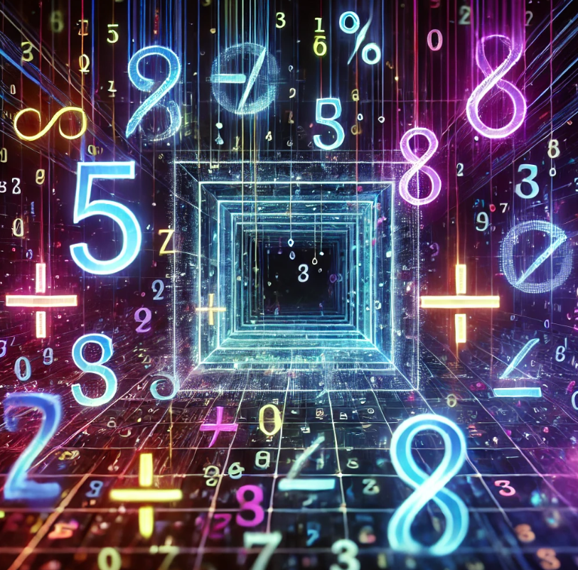 A visually striking digital artwork representing PEMDAS (Parentheses, Exponents, Multiplication & Division, Addition & Subtraction). The image features glowing mathematical symbols floating in a futuristic neon-lit environment.