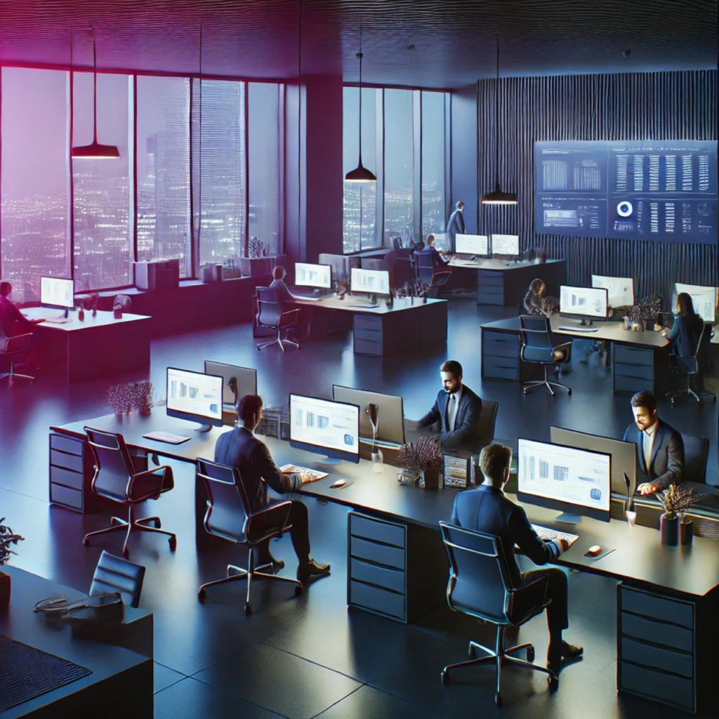 Analysts is checking business metrics on a futuristic image. 