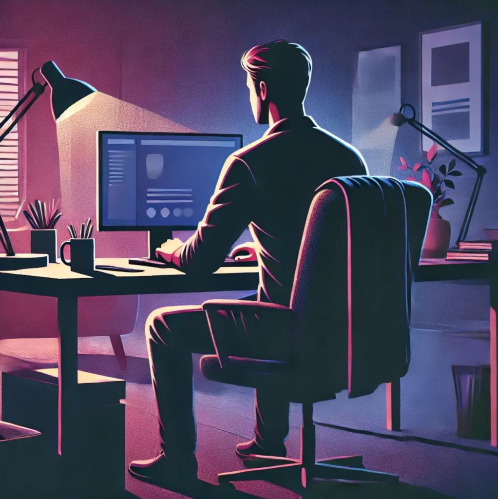 An analyst checking business metrics on a futuristic image made by AI. 