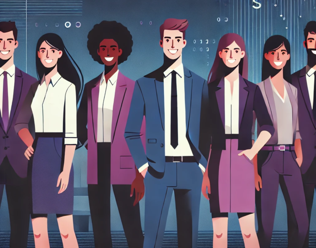 Emloyees standing in one row and the image represents the individual employee productivity as one the most important business metrics. 